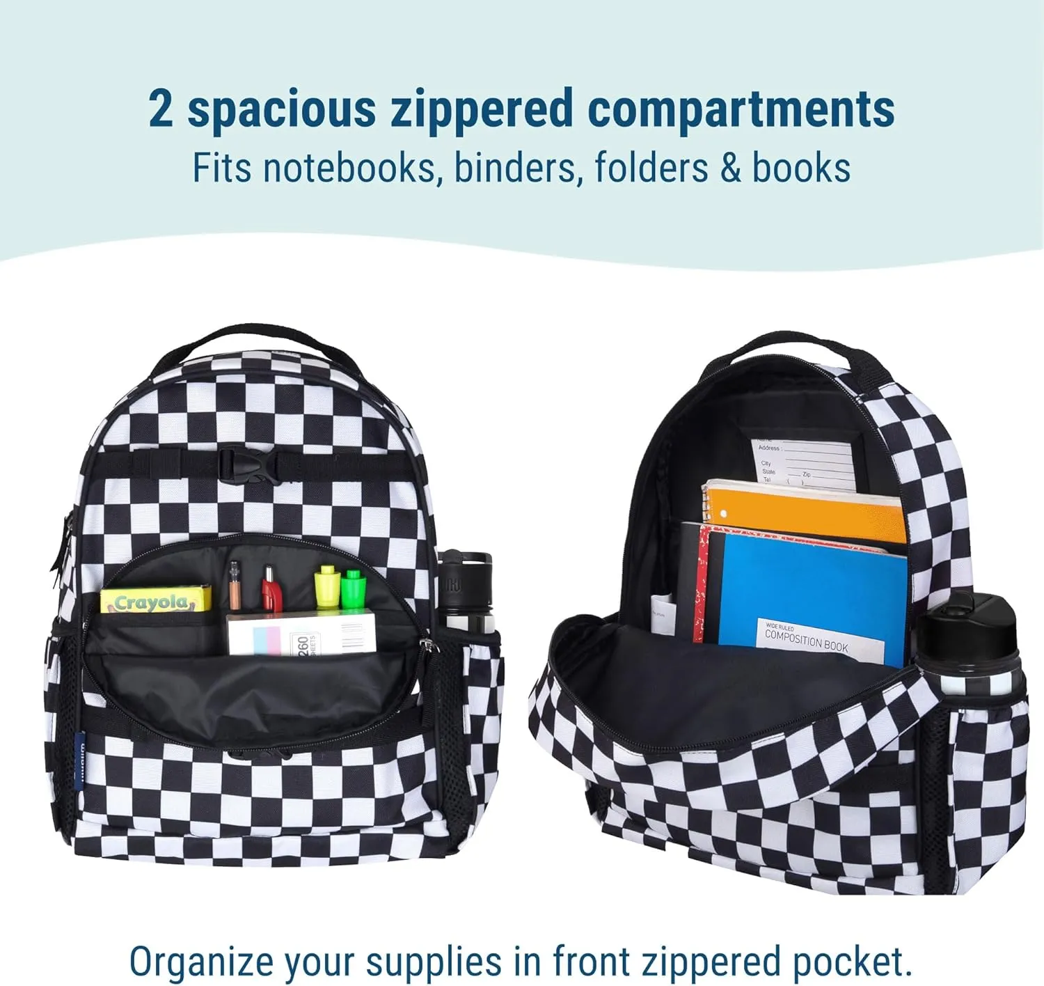 Wildkin ECO rPET 15-inch Kids Backpack – Sustainable, Padded, Adjustable – Black & White Checkered