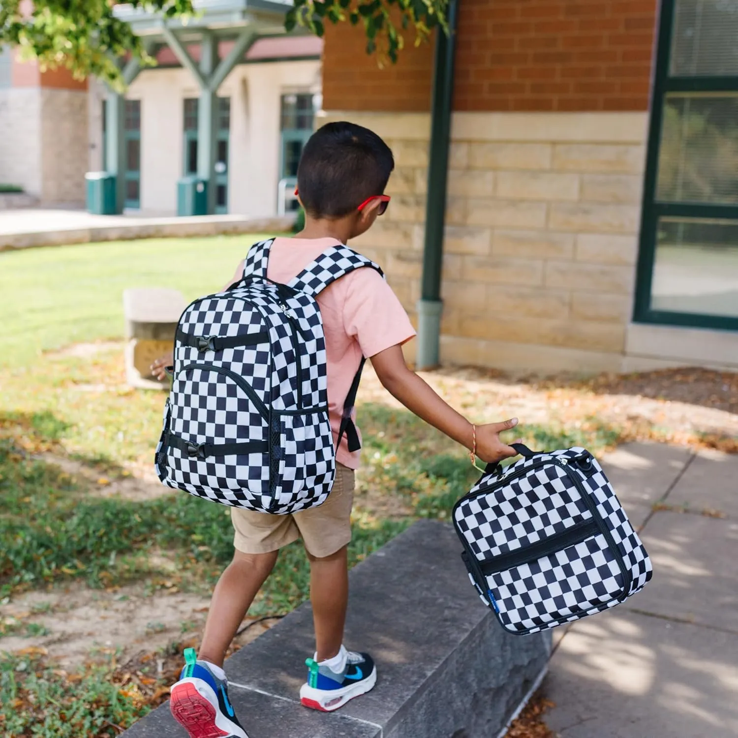 Wildkin ECO rPET 15-inch Kids Backpack – Sustainable, Padded, Adjustable – Black & White Checkered