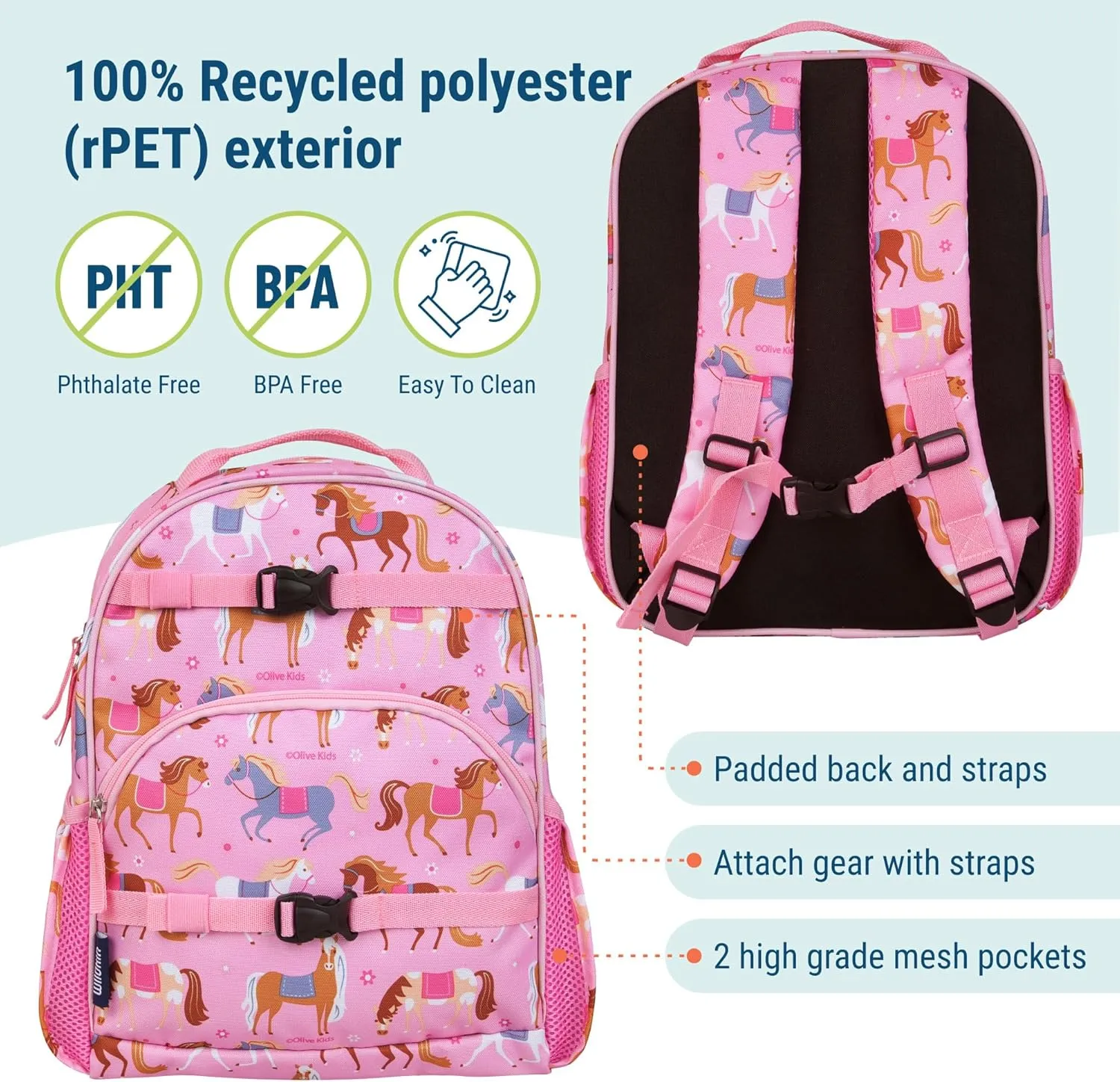 Wildkin ECO rPET 15-inch Kids Backpack – Sustainable, Padded, Adjustable – Horses