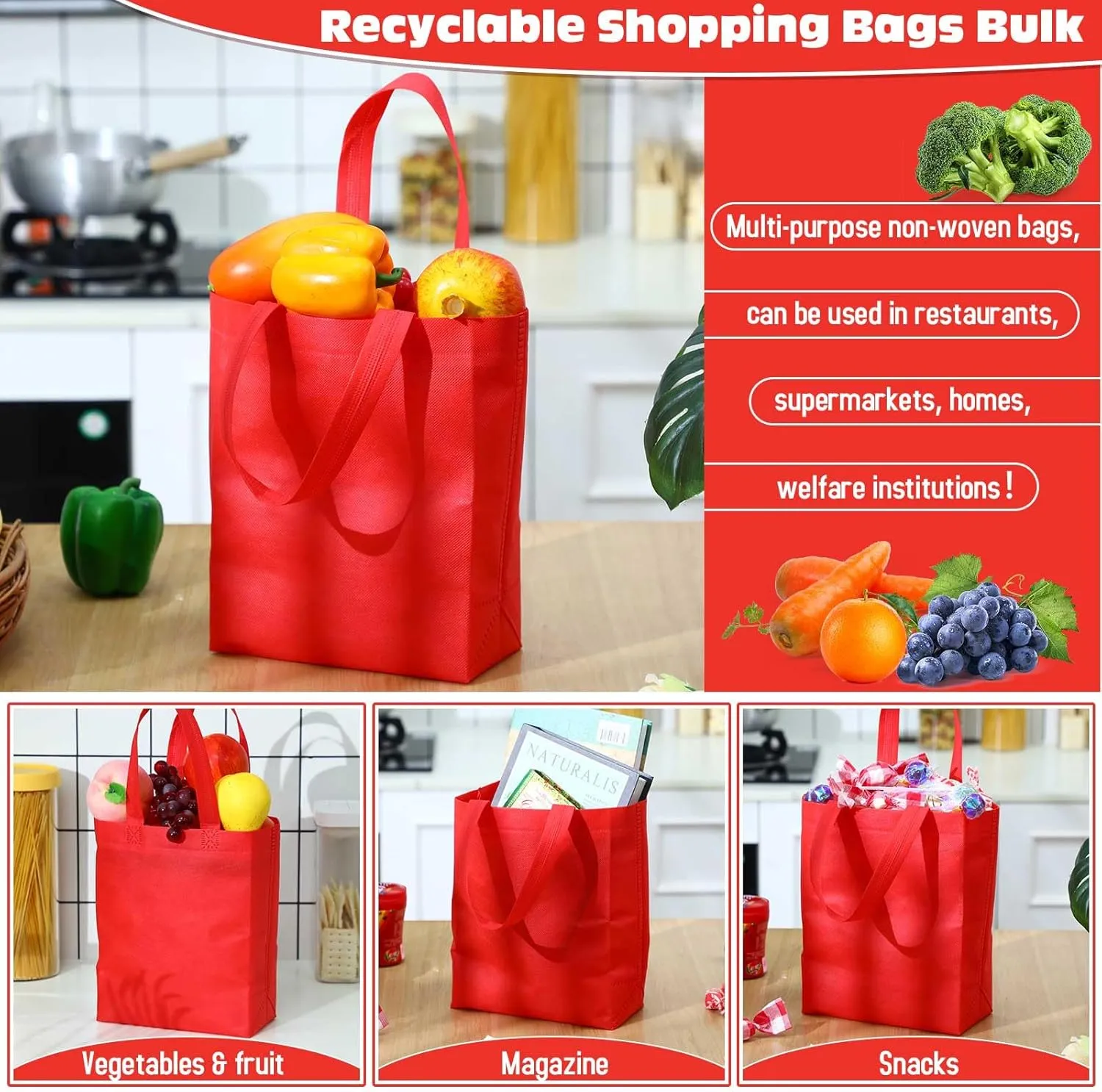 Windyun 200 Pcs Reusable Tote Bag Bulk Non Woven Shopping Bag with Handle Reusable Grocery gift Tote