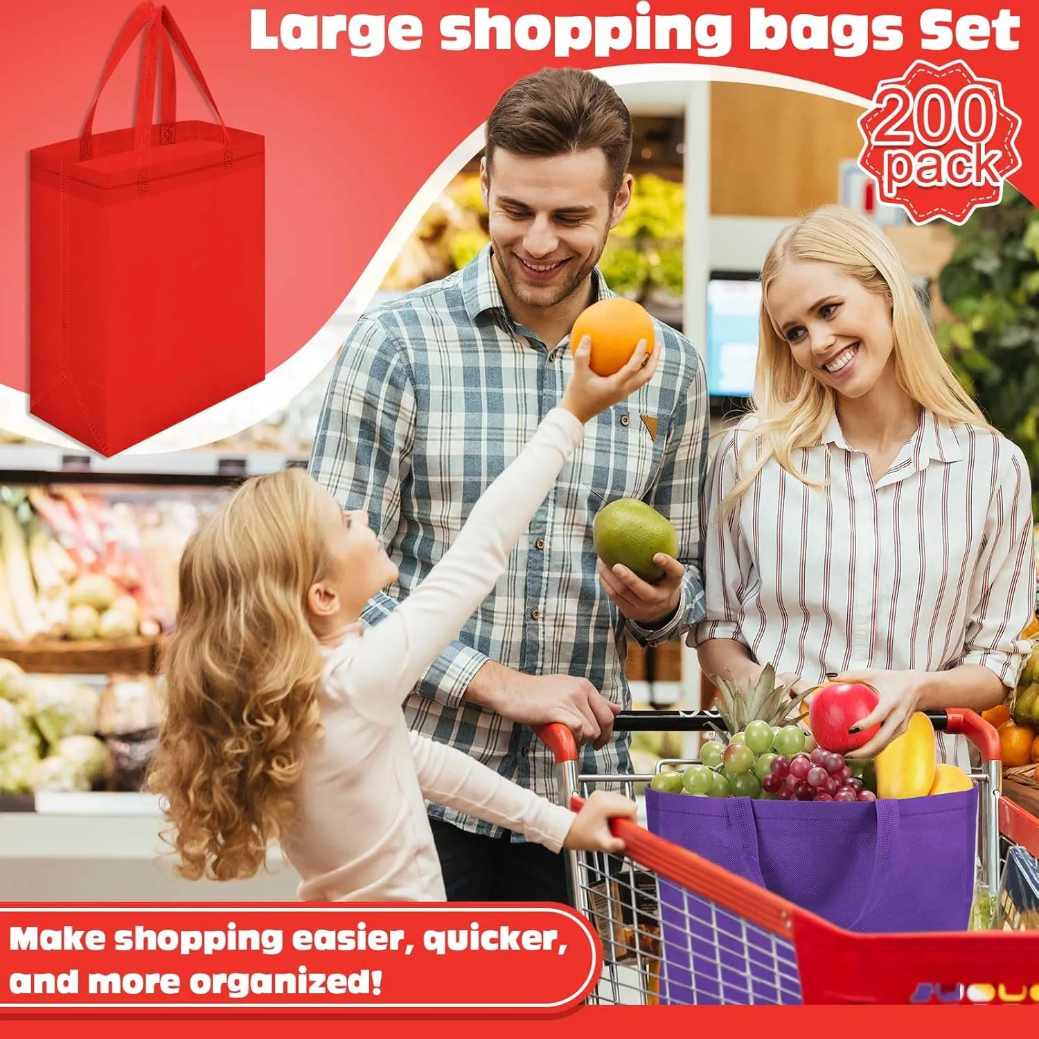 Windyun 200 Pcs Reusable Tote Bag Bulk Non Woven Shopping Bag with Handle Reusable Grocery gift Tote