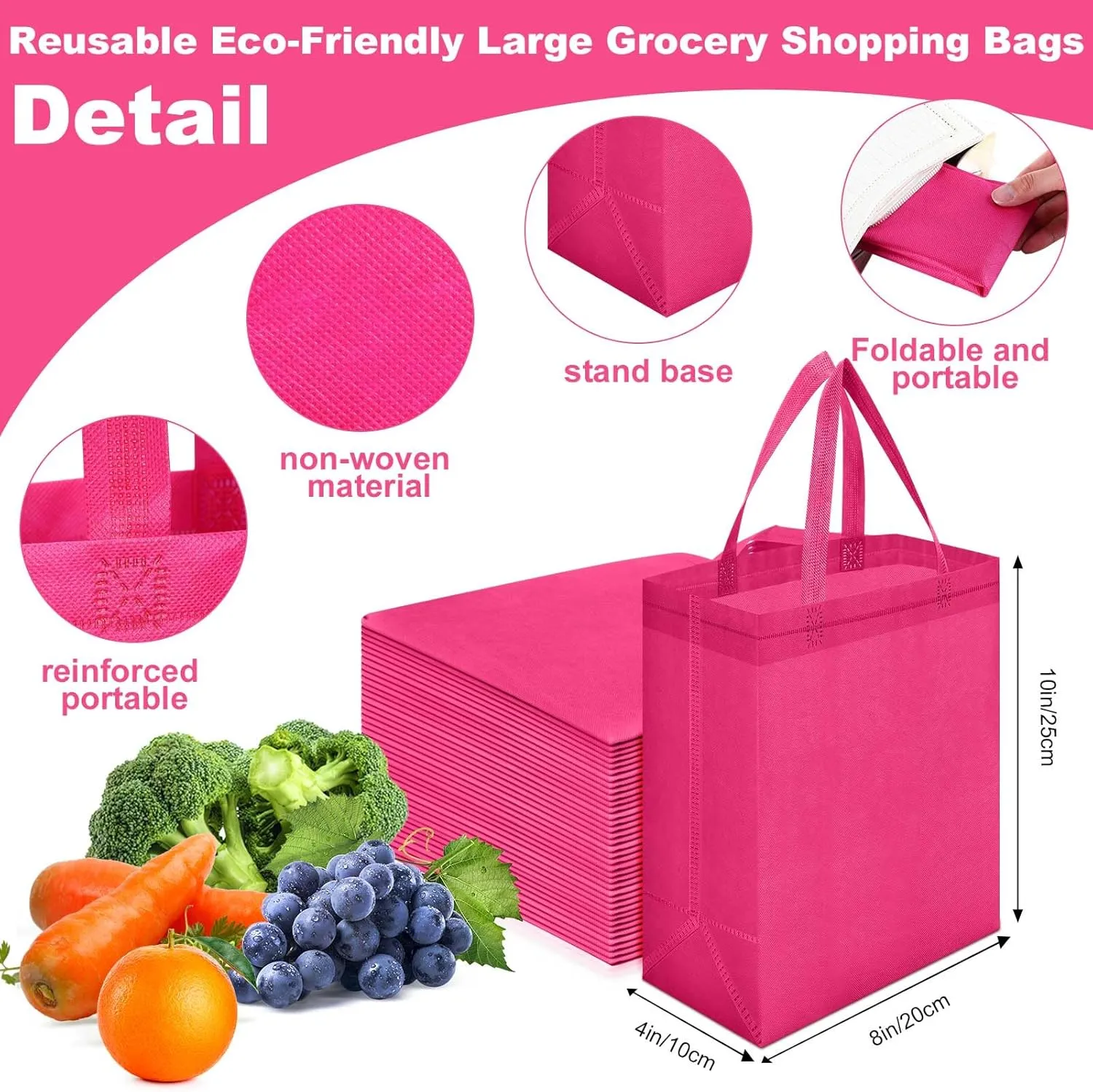 Windyun 200 Pcs Reusable Tote Bag Bulk Non Woven Shopping Bag with Handle Reusable Grocery gift Tote(Rose Red,8 x 10 x 4 Inch)