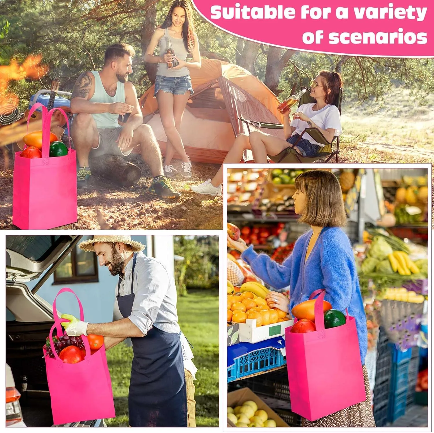 Windyun 200 Pcs Reusable Tote Bag Bulk Non Woven Shopping Bag with Handle Reusable Grocery gift Tote(Rose Red,8 x 10 x 4 Inch)