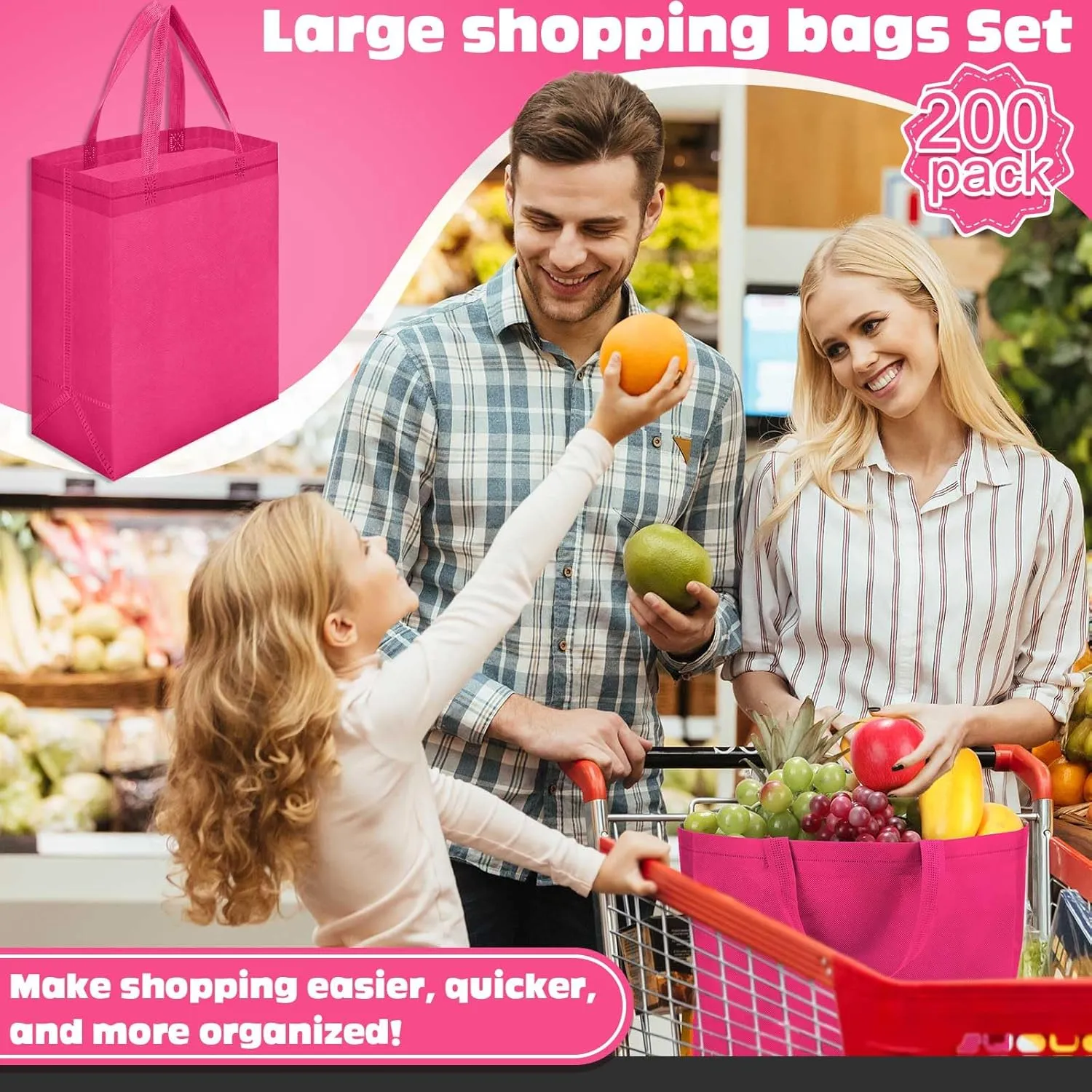Windyun 200 Pcs Reusable Tote Bag Bulk Non Woven Shopping Bag with Handle Reusable Grocery gift Tote(Rose Red,8 x 10 x 4 Inch)