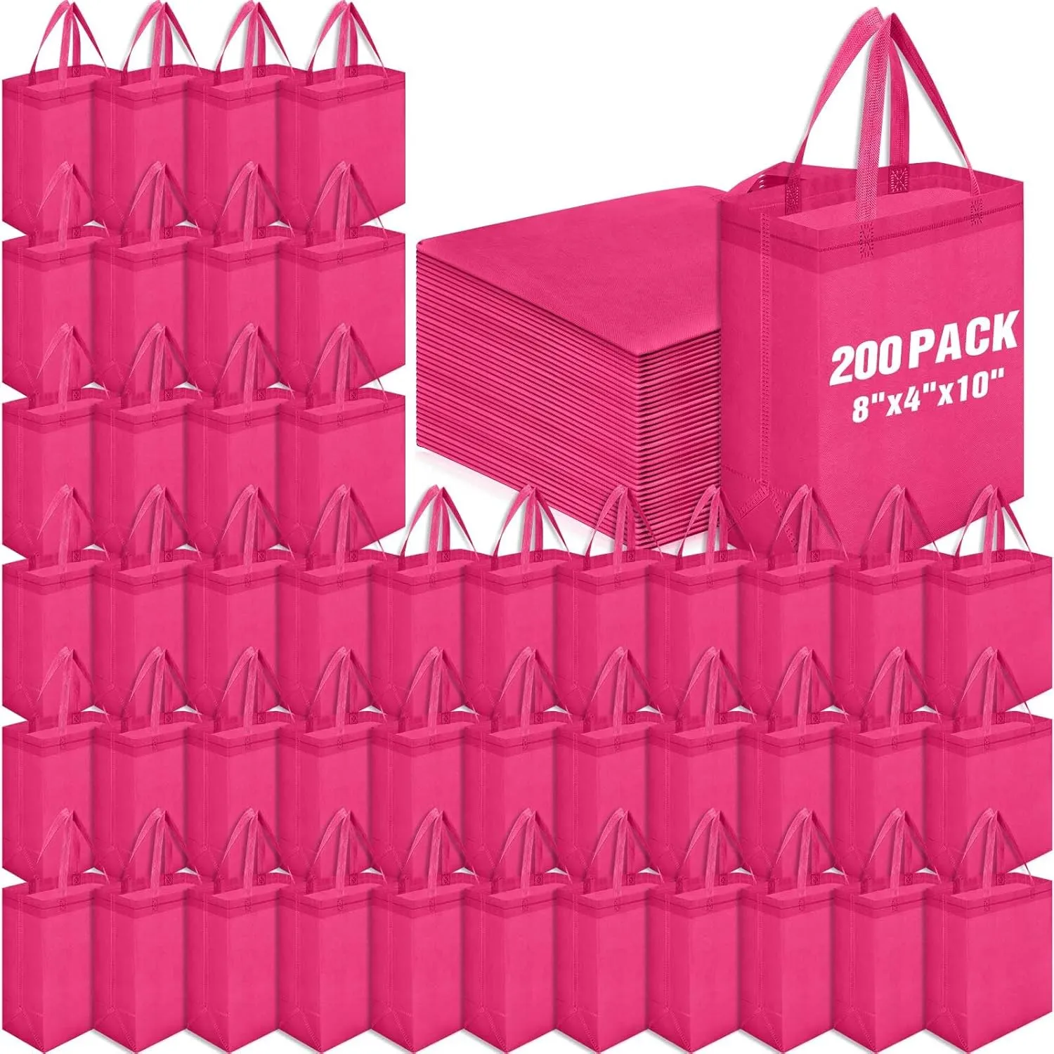 Windyun 200 Pcs Reusable Tote Bag Bulk Non Woven Shopping Bag with Handle Reusable Grocery gift Tote(Rose Red,8 x 10 x 4 Inch)