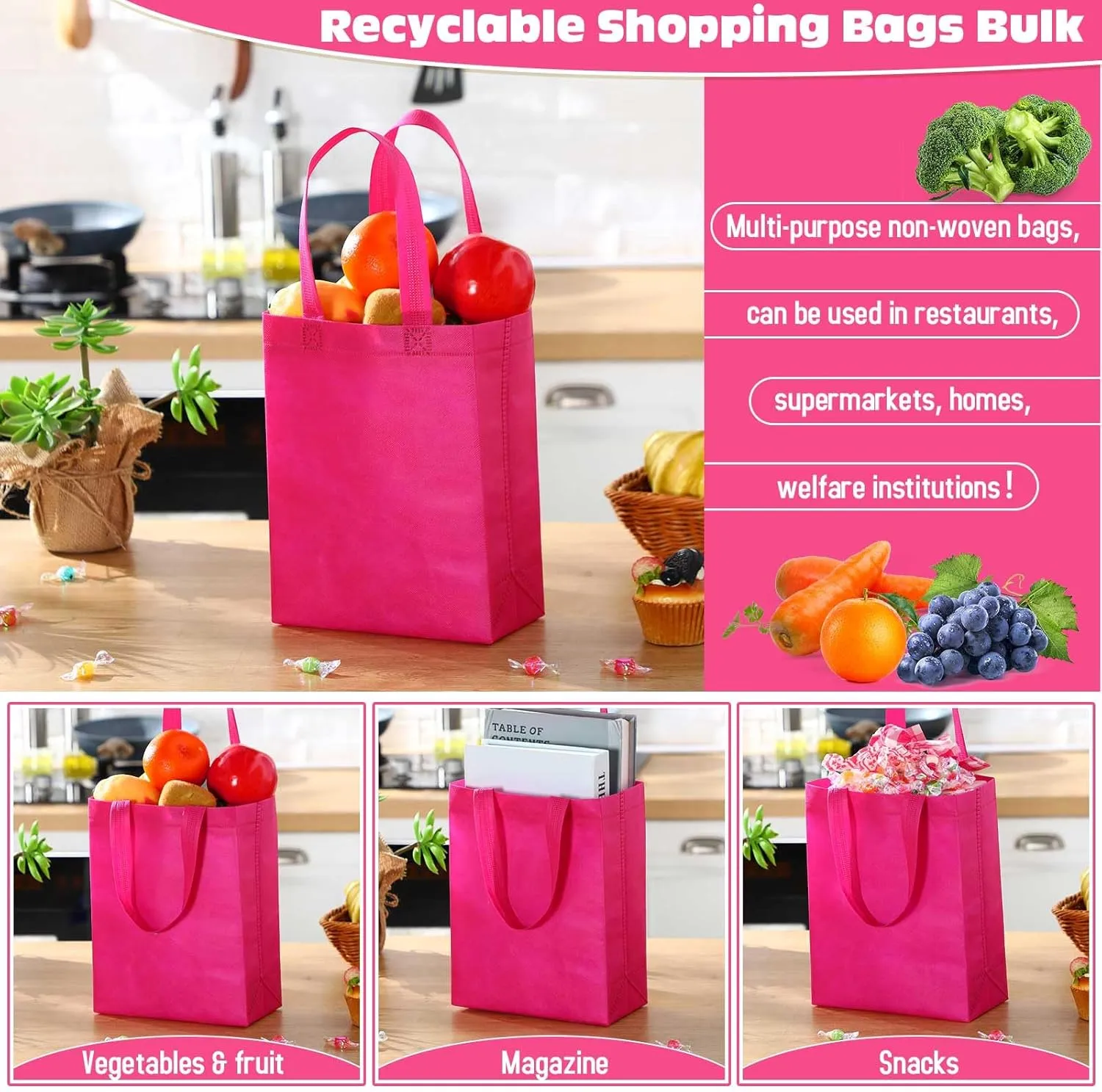 Windyun 200 Pcs Reusable Tote Bag Bulk Non Woven Shopping Bag with Handle Reusable Grocery gift Tote(Rose Red,8 x 10 x 4 Inch)
