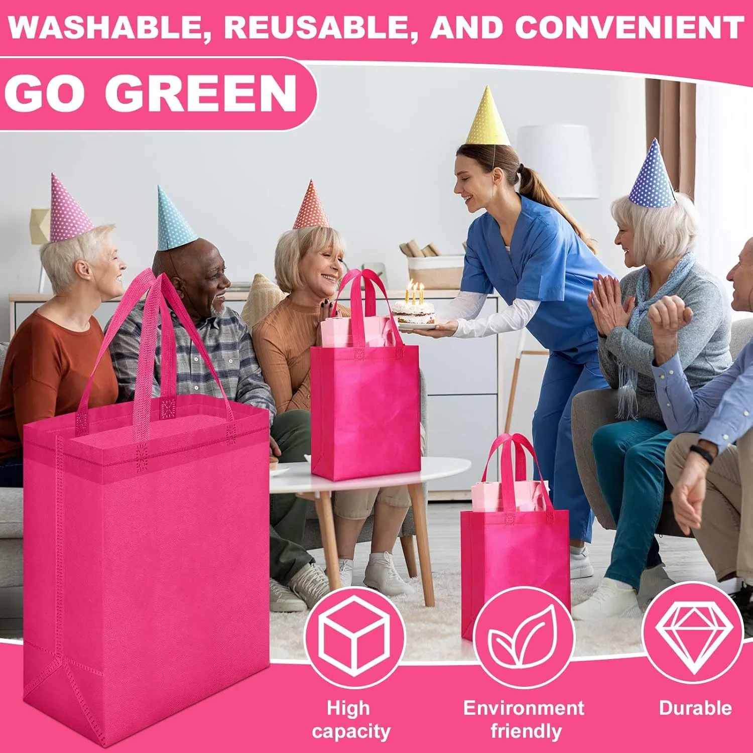 Windyun 200 Pcs Reusable Tote Bag Bulk Non Woven Shopping Bag with Handle Reusable Grocery gift Tote(Rose Red,8 x 10 x 4 Inch)