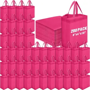 Windyun 200 Pcs Reusable Tote Bag Bulk Non Woven Shopping Bag with Handle Reusable Grocery gift Tote(Rose Red,8 x 10 x 4 Inch)