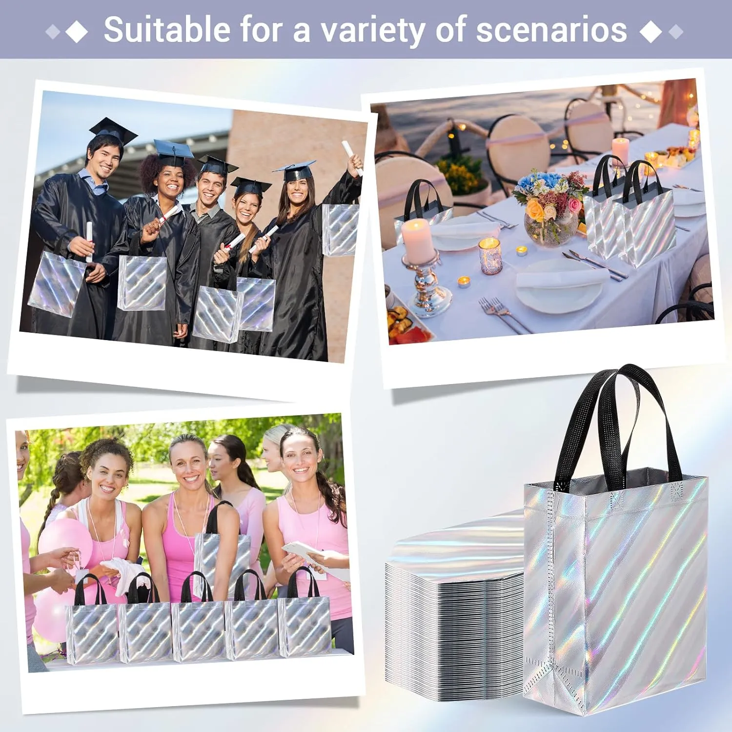 Windyun 50 Pcs Reusable Gift Bags with Handle Shiny Non Woven Holiday Goodie Bags Bulk Twill Laser Shopping Tote for Easter Birthday Wedding Party(Silver,7.9 x 4 x 9.8 Inch)