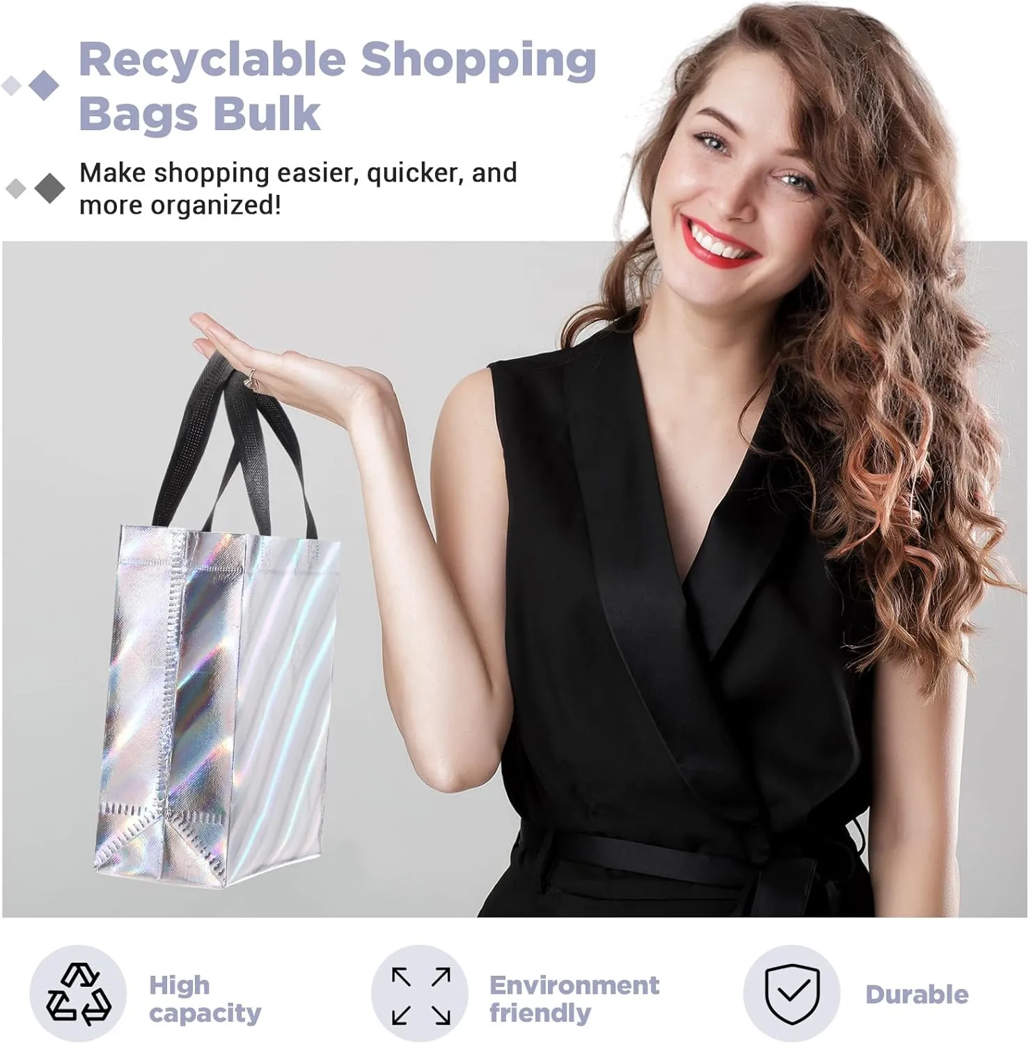 Windyun 50 Pcs Reusable Gift Bags with Handle Shiny Non Woven Holiday Goodie Bags Bulk Twill Laser Shopping Tote for Easter Birthday Wedding Party(Silver,7.9 x 4 x 9.8 Inch)