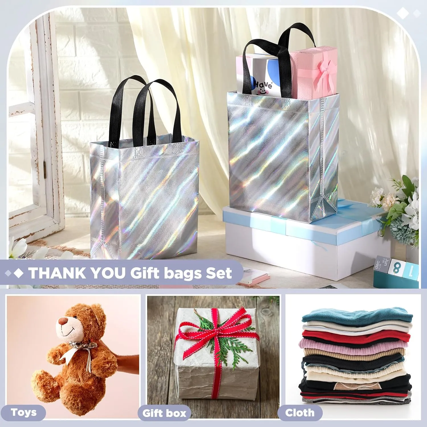 Windyun 50 Pcs Reusable Gift Bags with Handle Shiny Non Woven Holiday Goodie Bags Bulk Twill Laser Shopping Tote for Easter Birthday Wedding Party(Silver,7.9 x 4 x 9.8 Inch)