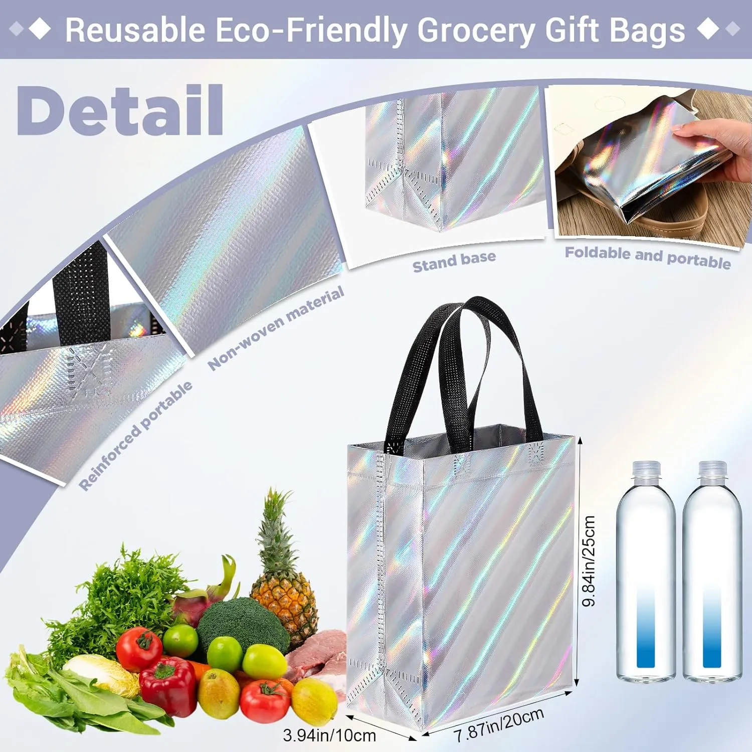Windyun 50 Pcs Reusable Gift Bags with Handle Shiny Non Woven Holiday Goodie Bags Bulk Twill Laser Shopping Tote for Easter Birthday Wedding Party(Silver,7.9 x 4 x 9.8 Inch)