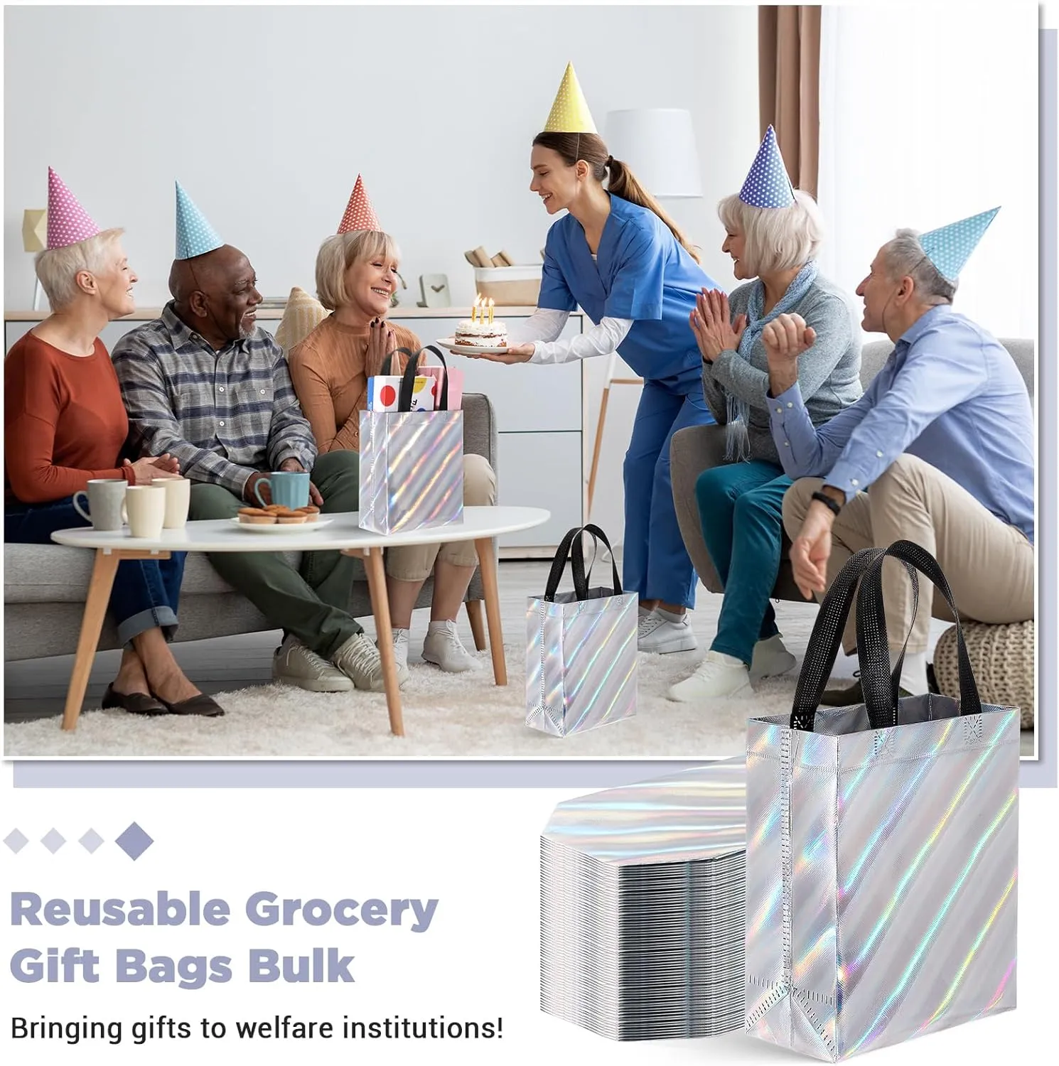 Windyun 50 Pcs Reusable Gift Bags with Handle Shiny Non Woven Holiday Goodie Bags Bulk Twill Laser Shopping Tote for Easter Birthday Wedding Party(Silver,7.9 x 4 x 9.8 Inch)