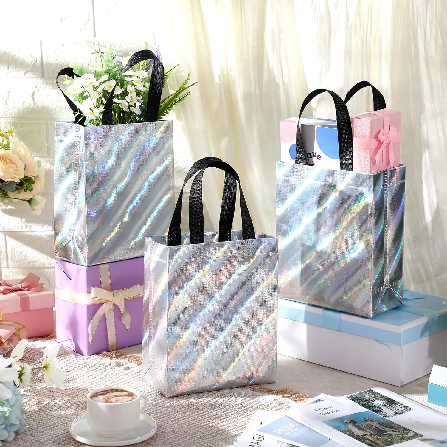 Windyun 50 Pcs Reusable Gift Bags with Handle Shiny Non Woven Holiday Goodie Bags Bulk Twill Laser Shopping Tote for Easter Birthday Wedding Party(Silver,7.9 x 4 x 9.8 Inch)