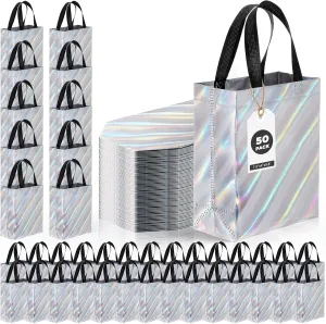 Windyun 50 Pcs Reusable Gift Bags with Handle Shiny Non Woven Holiday Goodie Bags Bulk Twill Laser Shopping Tote for Easter Birthday Wedding Party(Silver,7.9 x 4 x 9.8 Inch)