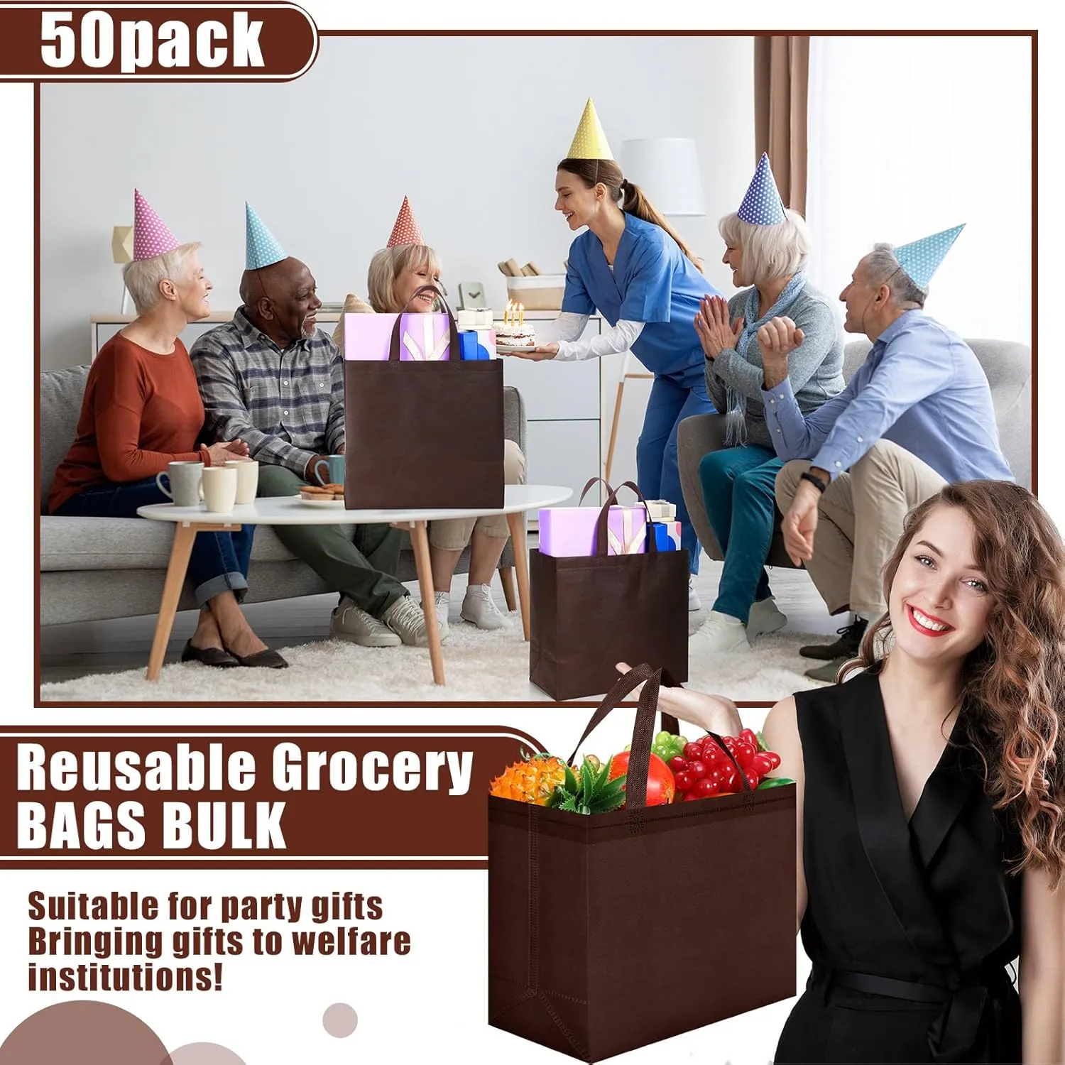 Windyun 50 Pieces Reusable Tote Bags Bulk Non Woven Grocery Tote with Handles Reusable Shopping Bags for Party