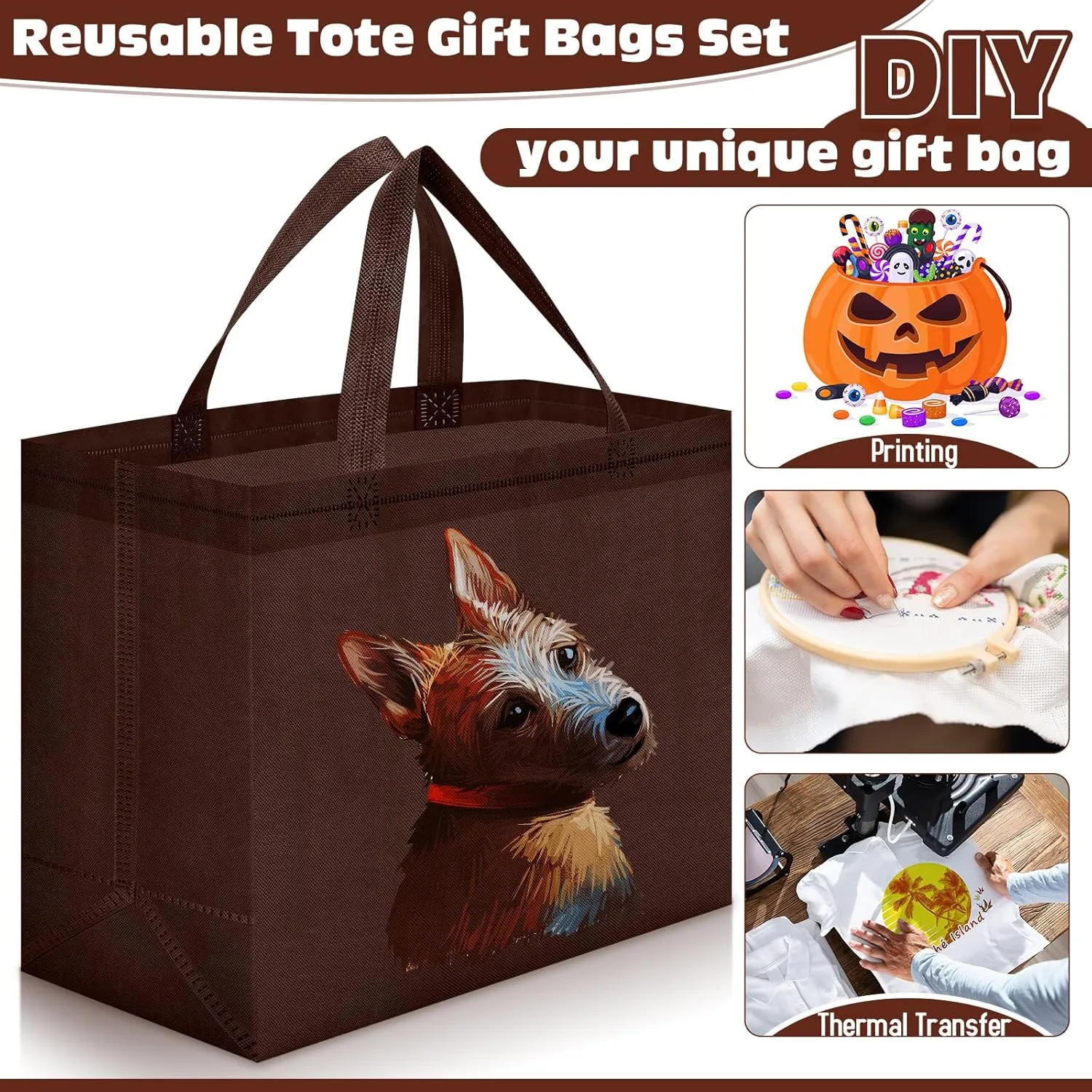 Windyun 50 Pieces Reusable Tote Bags Bulk Non Woven Grocery Tote with Handles Reusable Shopping Bags for Party