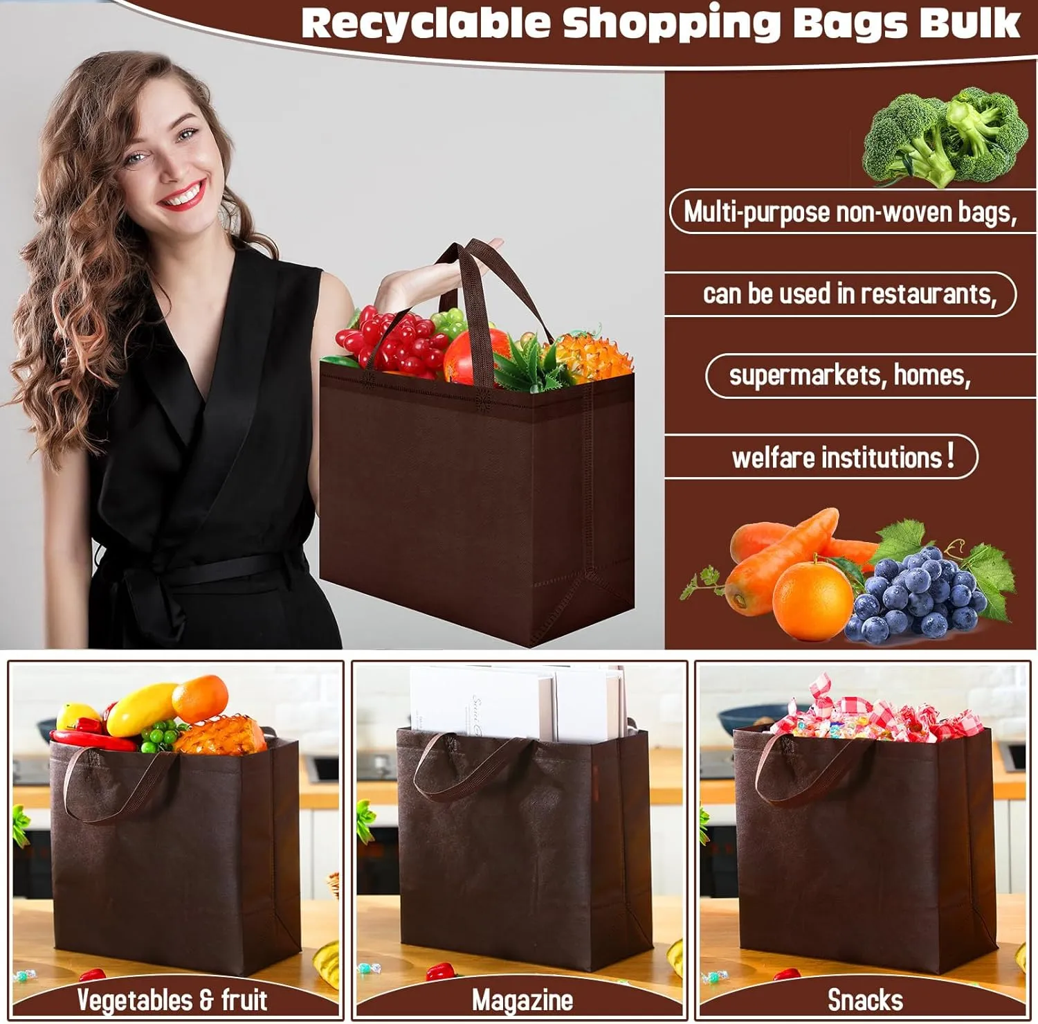 Windyun 50 Pieces Reusable Tote Bags Bulk Non Woven Grocery Tote with Handles Reusable Shopping Bags for Party