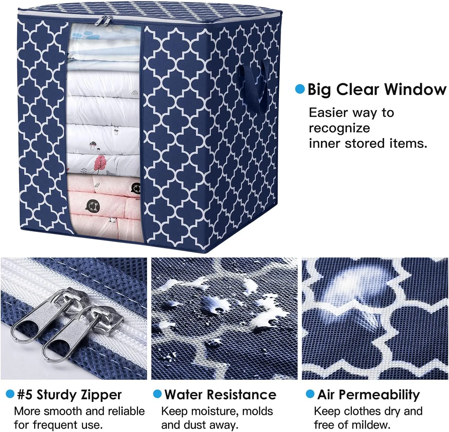WISELIFE Storage Bags 2 Pack/100L Large Blanket Clothes Organization and Storage Containers for Comforters,Bedding, Foldable Organizer with Reinforced Handle, Clear Window, Sturdy Zippers,Blue