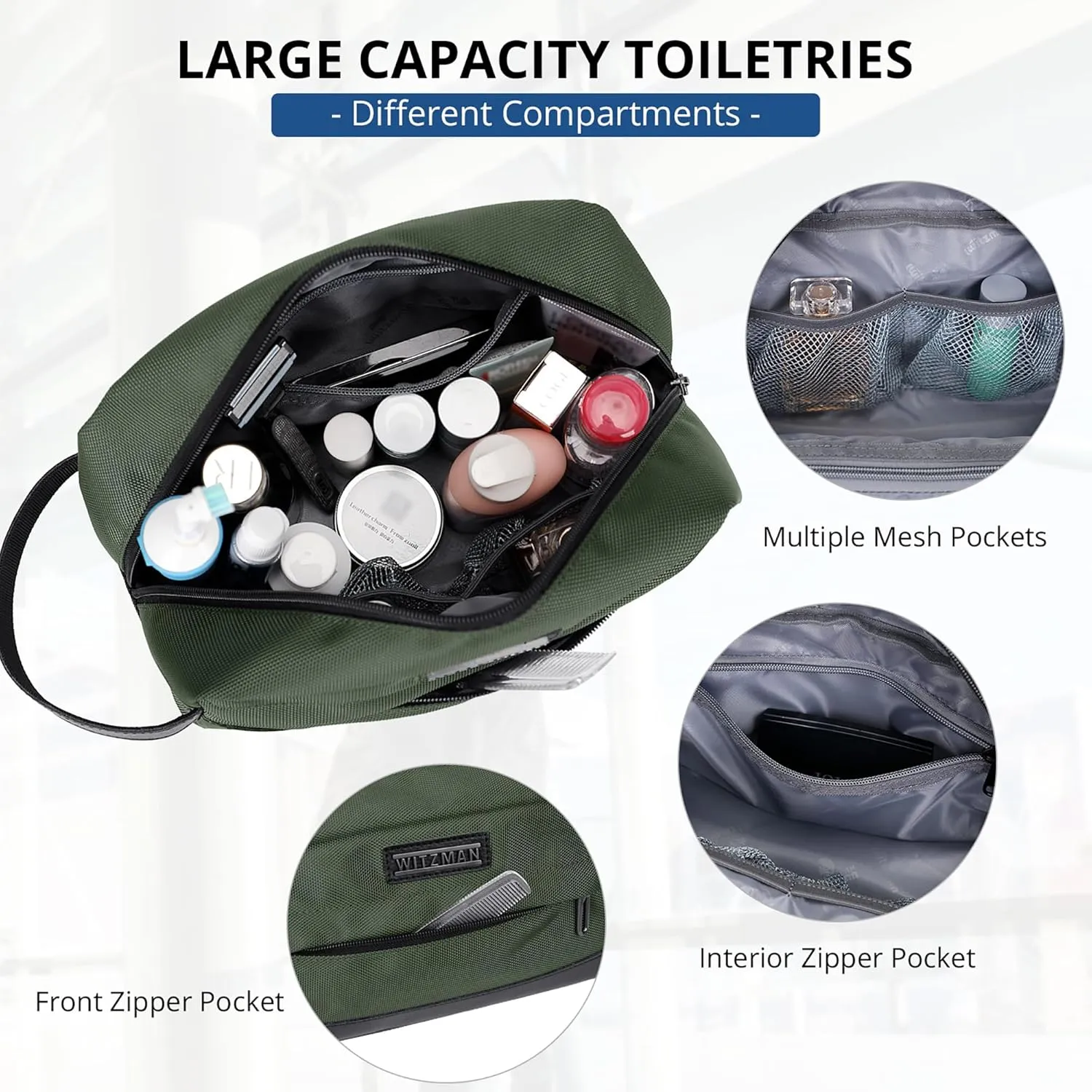 WITZMAN Toiletry Bag for Men Women Lightweight Hanging Travel Bathroom Bag Water-Resistant Shaving Dopp Kit for Men Cosmetic Bag（B692 Army Green）