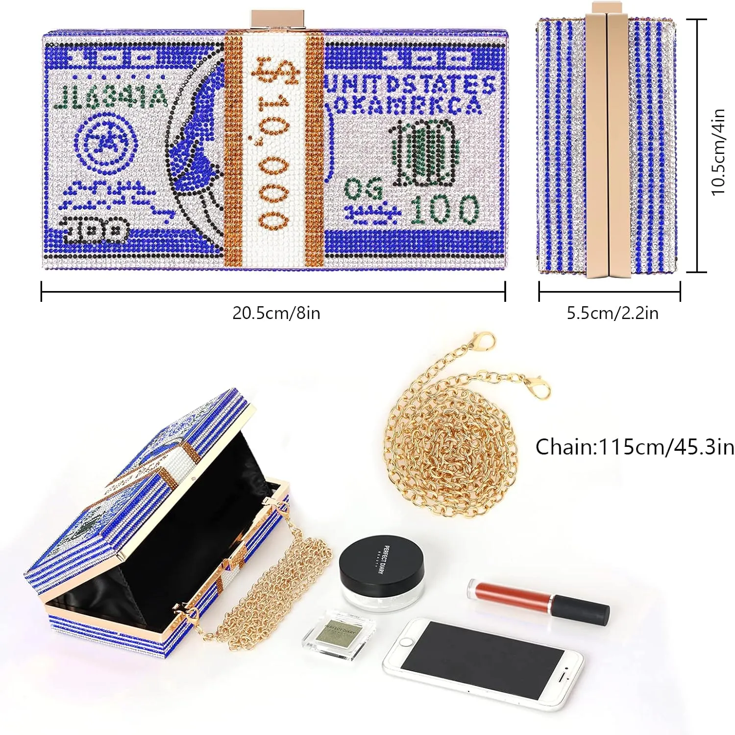 WJCD Money Clutch Purses Rhinestone Crossbody Purse Unique Evening Clutch Handbag Shoulder Bag Money Purses Crossbody Bag