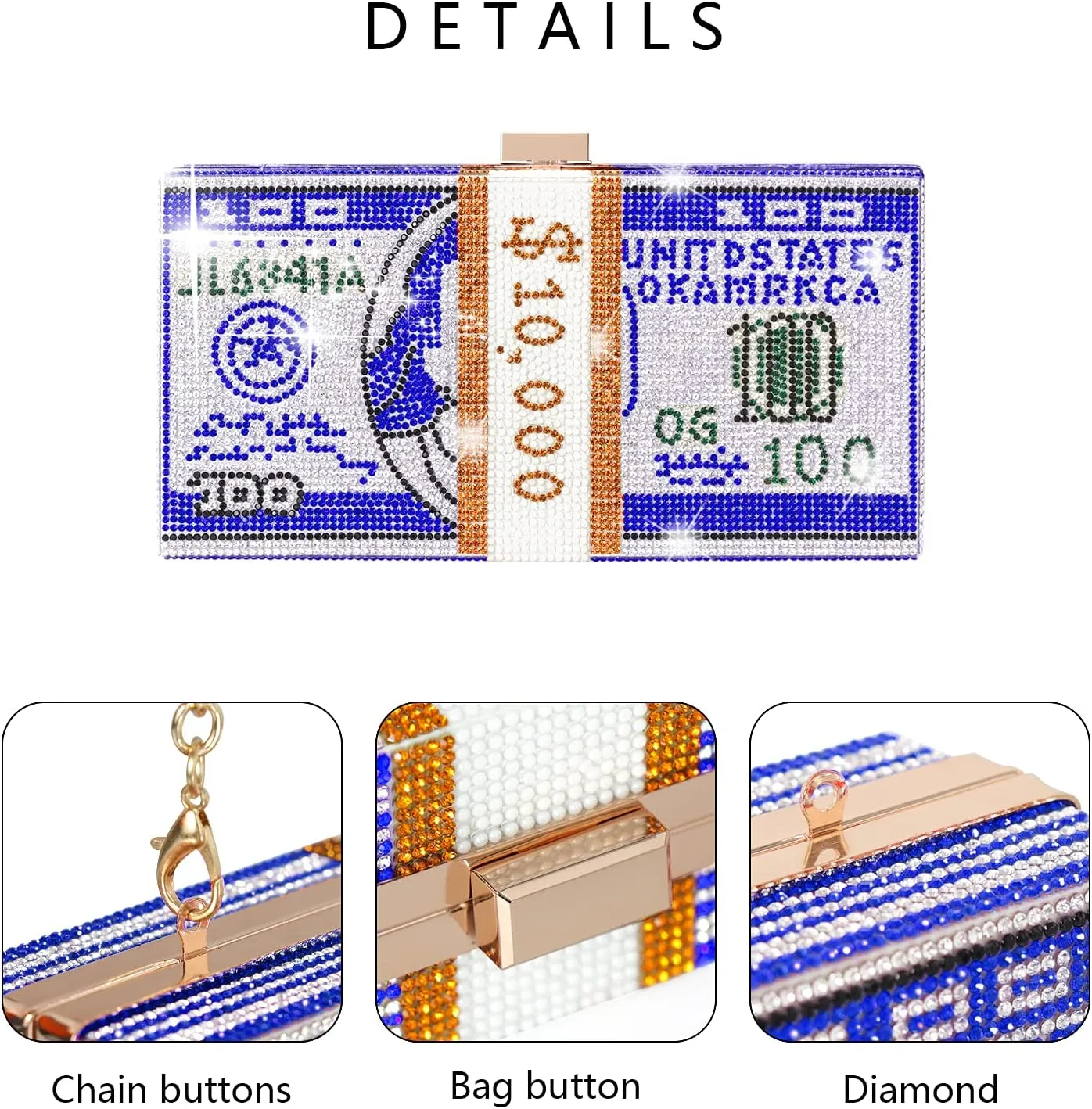 WJCD Money Clutch Purses Rhinestone Crossbody Purse Unique Evening Clutch Handbag Shoulder Bag Money Purses Crossbody Bag