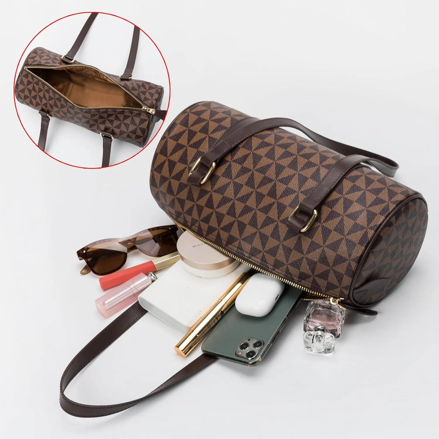 Women Designer Geometric Pattern Shoulder Bag Cylindrical Shape Tote Bag Handbags Sports Bags Bucket Bag
