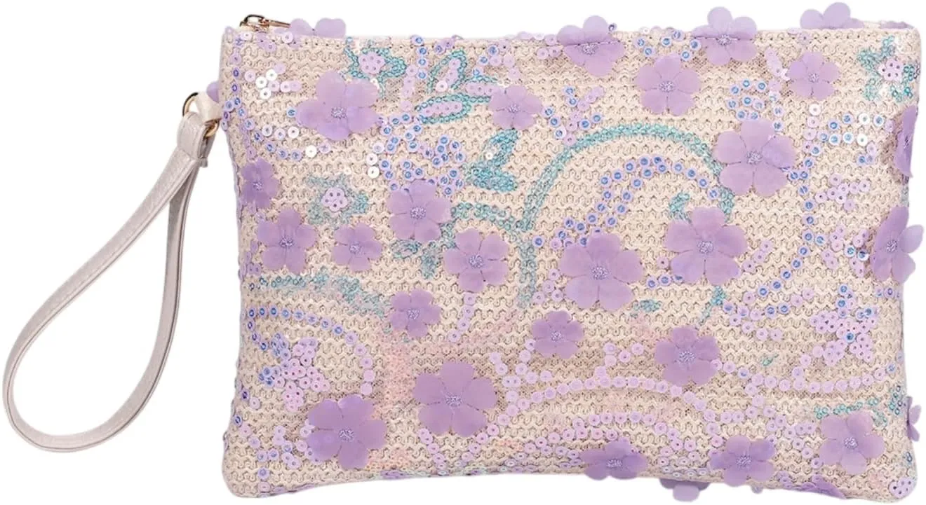 Women Floral Embroidery Beaded Clutch Purses, Woven Wristlet Sequin Summer Purse,Evening Bag for Formal Beach Party Wedding