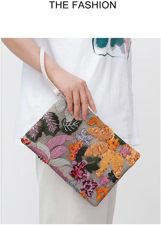 Women Floral Embroidery Beaded Clutch Purses, Woven Wristlet Sequin Summer Purse,Evening Bag for Formal Beach Party Wedding