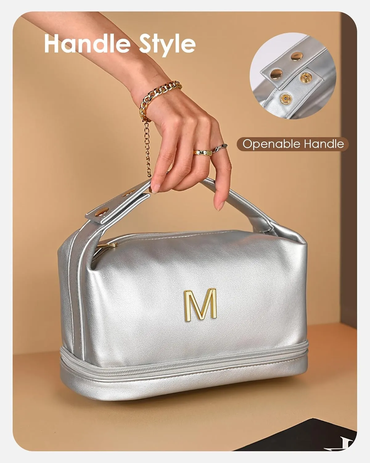 Women Gift Ideas, Personalized Makeup Bag with Handle, Initial Double Layer Cosmetic Bag with Makeup Brush Organizer, Cute Cosmetic Pouch for Women, Gifts for Friends Female Mom