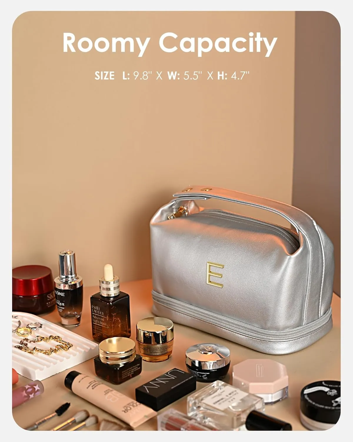 Women Gift Ideas, Personalized Makeup Bag with Handle, Initial Double Layer Cosmetic Bag with Makeup Brush Organizer, Cute Cosmetic Pouch for Women, Gifts for Friends Female Mom