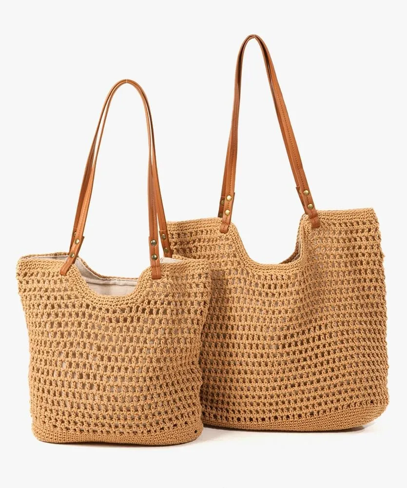 Women Large Summer Beach Tote Shoulder Bags Crochet Handwoven Cotton Knitted Summer Top-handle Bag Hollow Purse Handbags