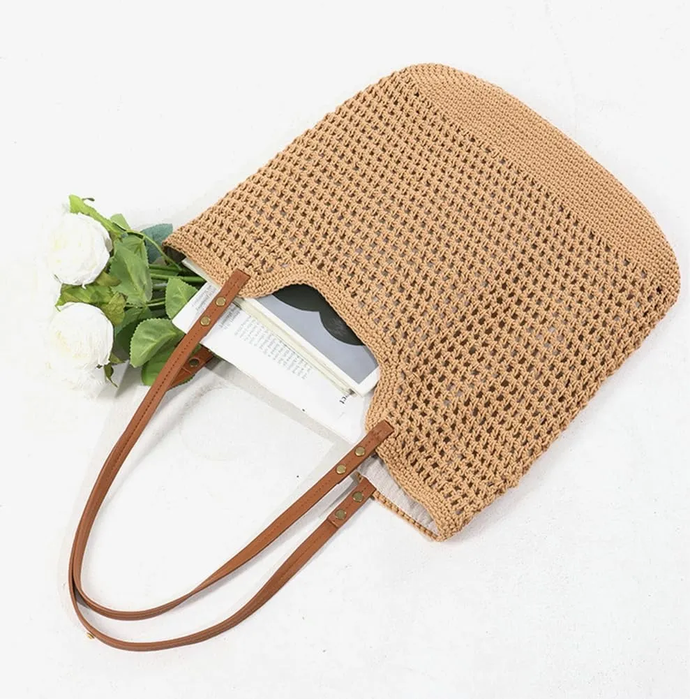 Women Large Summer Beach Tote Shoulder Bags Crochet Handwoven Cotton Knitted Summer Top-handle Bag Hollow Purse Handbags