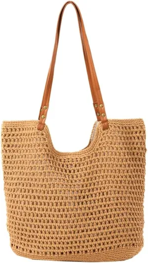Women Large Summer Beach Tote Shoulder Bags Crochet Handwoven Cotton Knitted Summer Top-handle Bag Hollow Purse Handbags