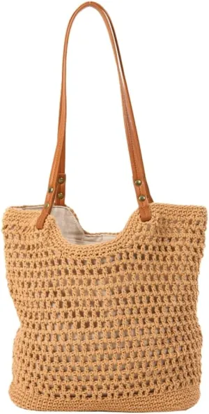 Women Large Summer Beach Tote Shoulder Bags Crochet Handwoven Cotton Knitted Summer Top-handle Bag Hollow Purse Handbags