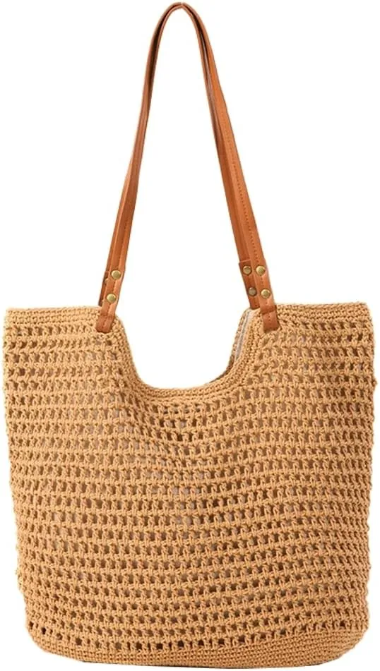 Women Large Summer Beach Tote Shoulder Bags Crochet Handwoven Cotton Knitted Summer Top-handle Bag Hollow Purse Handbags