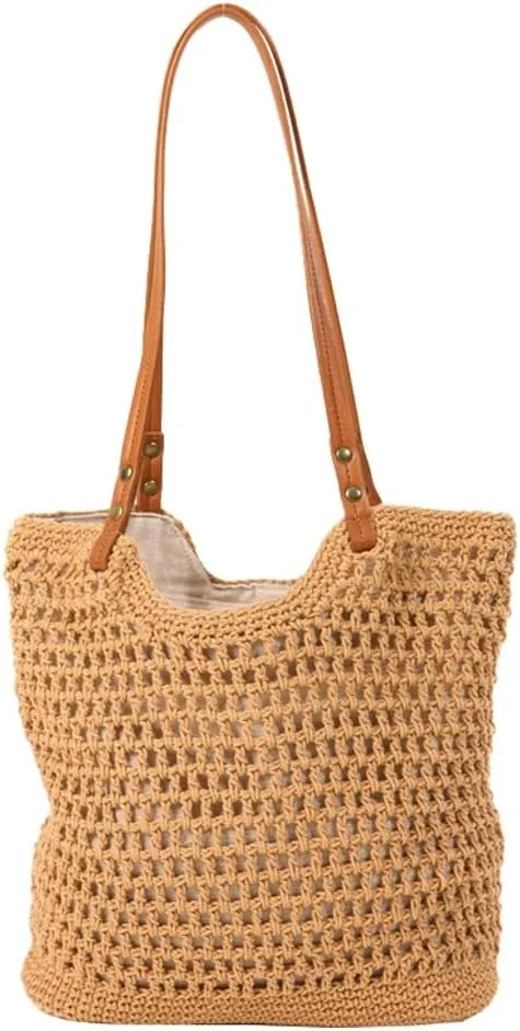 Women Large Summer Beach Tote Shoulder Bags Crochet Handwoven Cotton Knitted Summer Top-handle Bag Hollow Purse Handbags