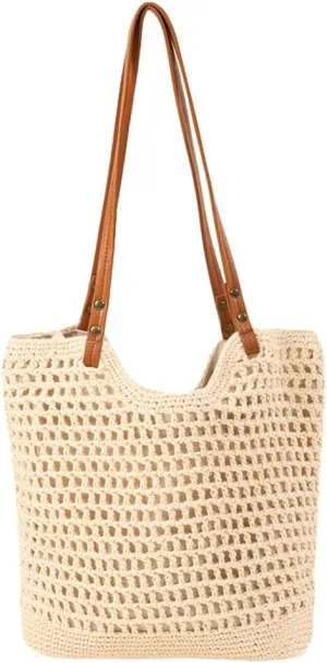 Women Large Summer Beach Tote Shoulder Bags Crochet Handwoven Cotton Knitted Summer Top-handle Bag Hollow Purse Handbags