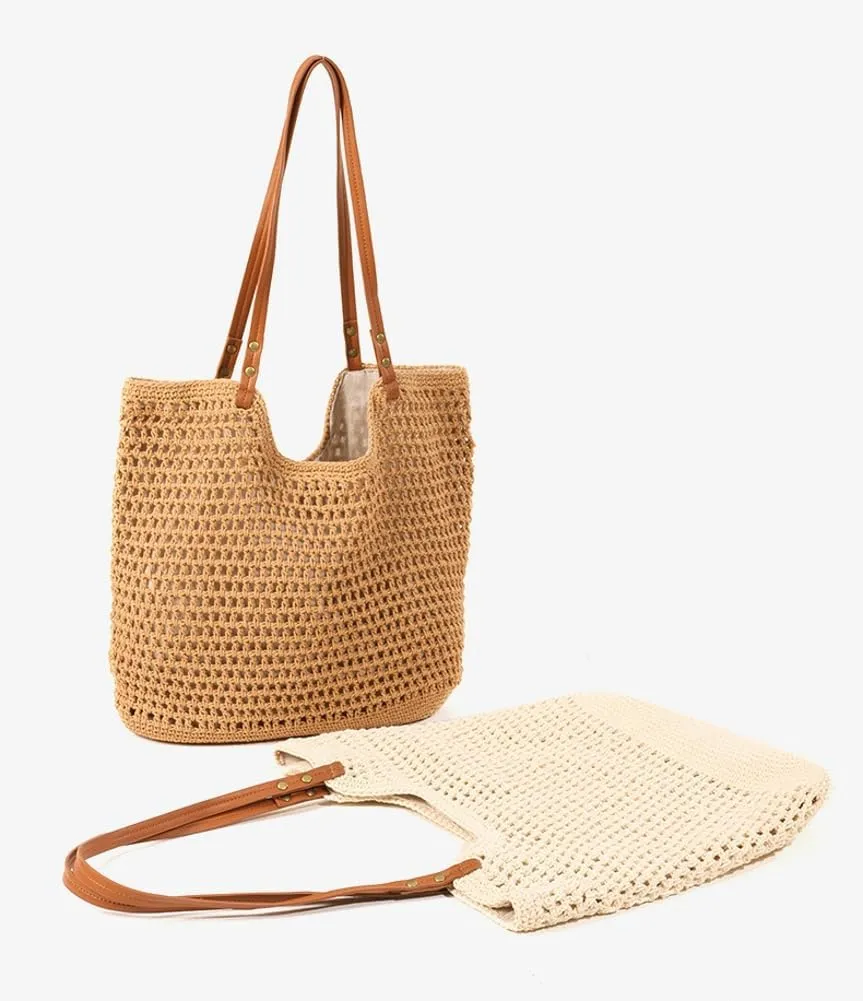 Women Large Summer Beach Tote Shoulder Bags Crochet Handwoven Cotton Knitted Summer Top-handle Bag Hollow Purse Handbags