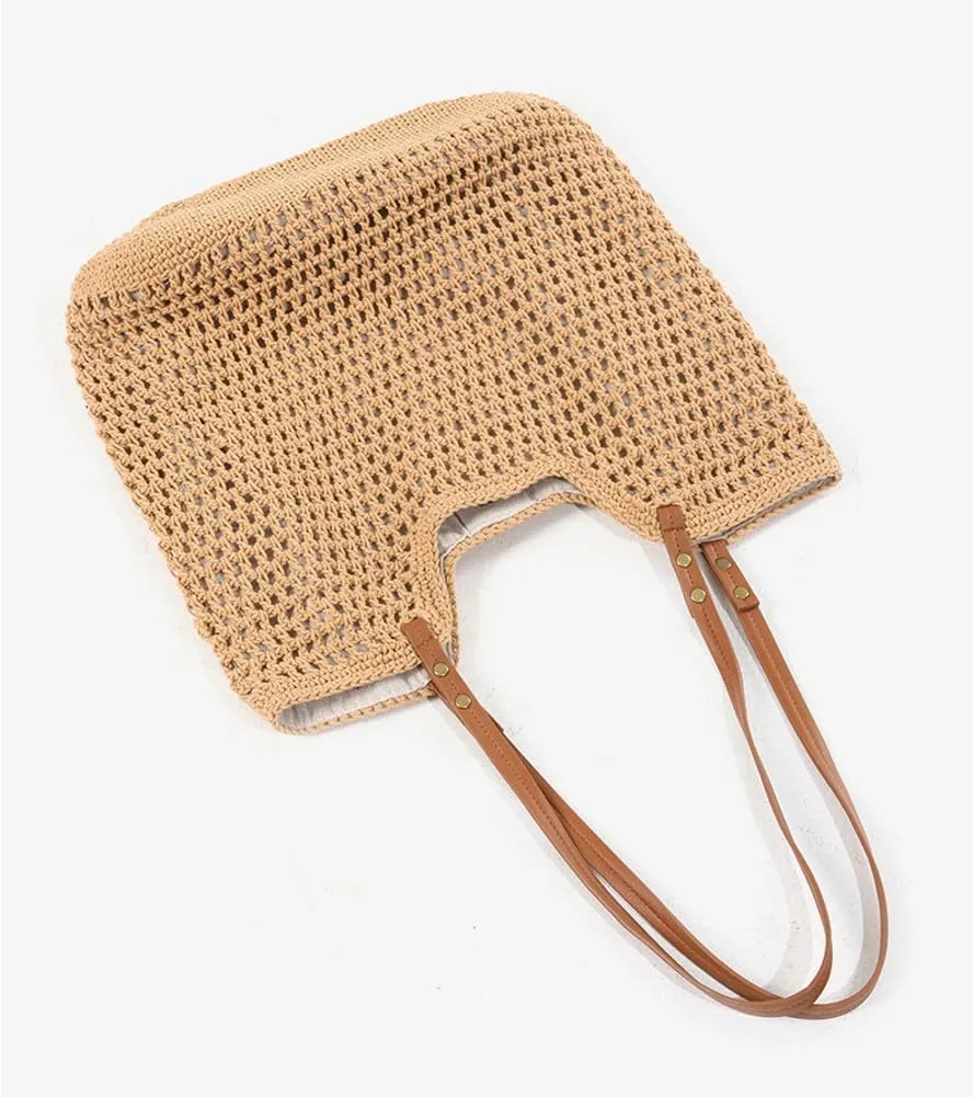 Women Large Summer Beach Tote Shoulder Bags Crochet Handwoven Cotton Knitted Summer Top-handle Bag Hollow Purse Handbags