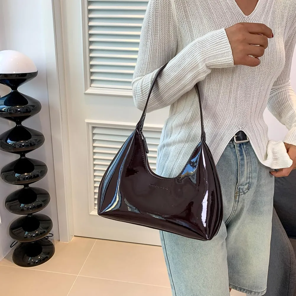 Women Patent Leather Tote Bag Versatile Crescent Bag Casual Fashion Shoulder Bag Satchel Hobo Bag Girl Shopper Pur