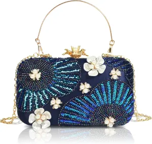 Women Pearls Beaded Clutch Flower Sequins Evening Handbag Chain Strap Shoulder Bag