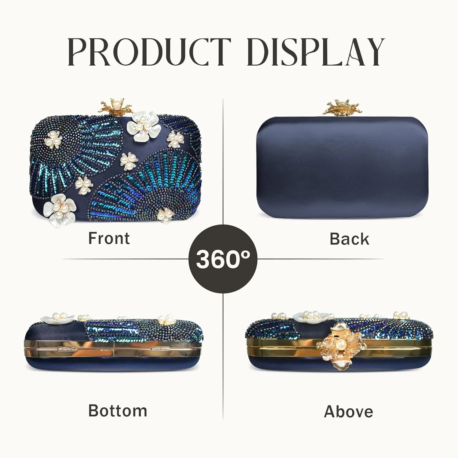 Women Pearls Beaded Clutch Flower Sequins Evening Handbag Chain Strap Shoulder Bag