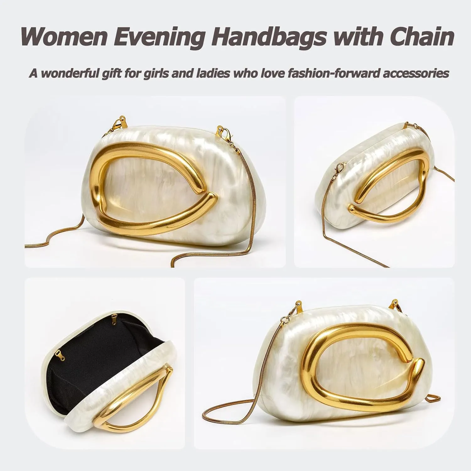 Women PU Leather Evening Handbags,Gold Metal Handle Clutch Bag With Chainin,Box Clutch Purses for Various Events