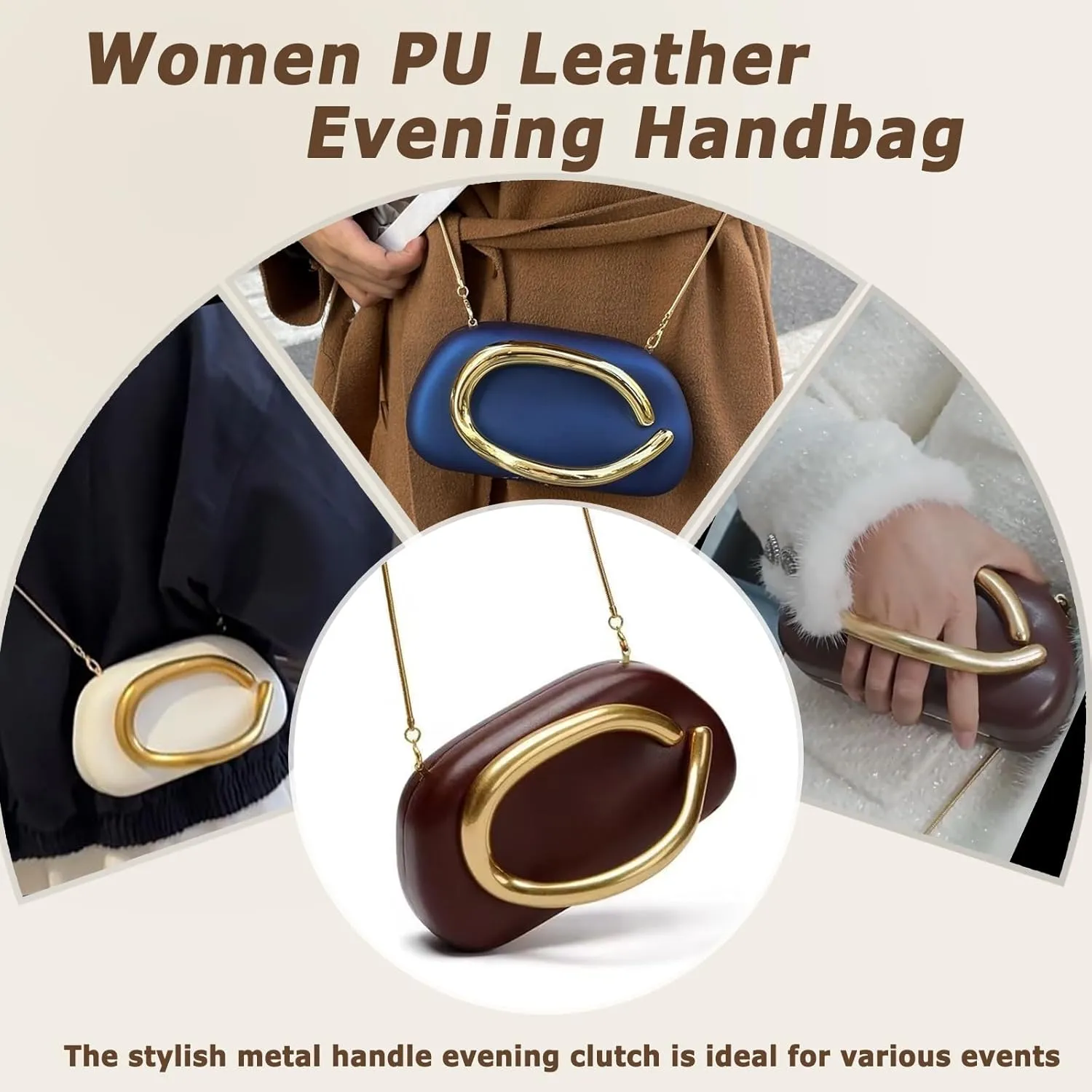 Women PU Leather Evening Handbags,Gold Metal Handle Clutch Bag With Chainin,Box Clutch Purses for Various Events