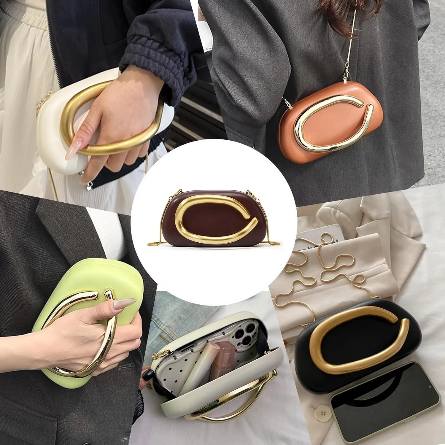 Women PU Leather Evening Handbags,Gold Metal Handle Clutch Bag With Chainin,Box Clutch Purses for Various Events