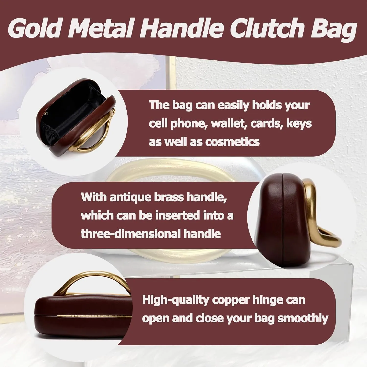 Women PU Leather Evening Handbags,Gold Metal Handle Clutch Bag With Chainin,Box Clutch Purses for Various Events