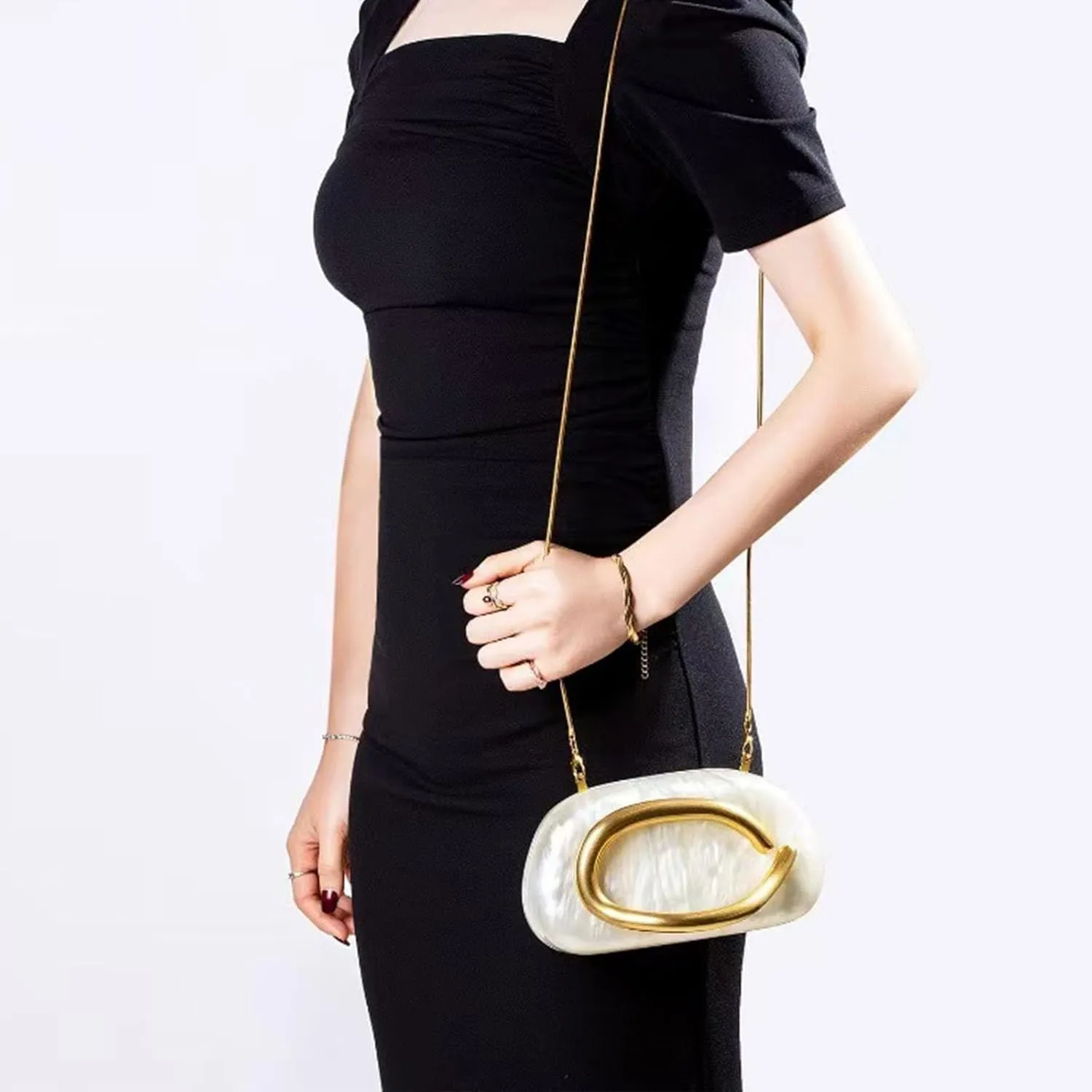 Women PU Leather Evening Handbags,Gold Metal Handle Clutch Bag With Chainin,Box Clutch Purses for Various Events