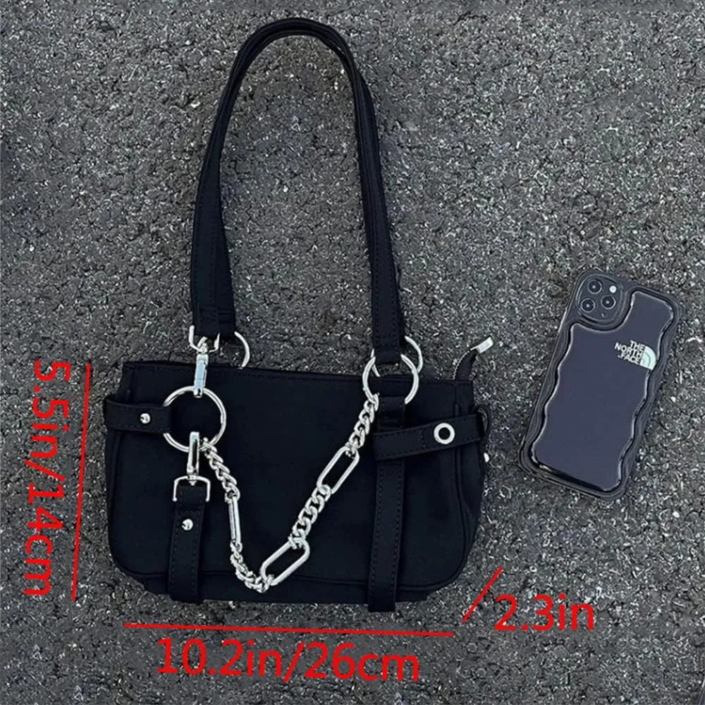 Women Punk Purse Shoulder Bag Gothic Chain Underarm Bags Small Nylon Handbag Tote