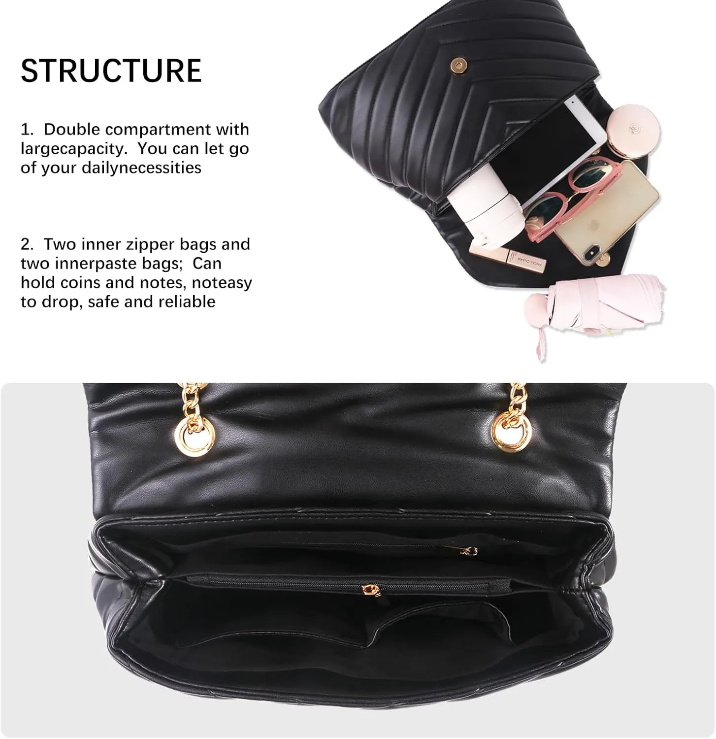 Women Shoulder Bag, Fashionable Quilted Vegan leather Crossbody Purses with Adjustable Chain Designer Purses